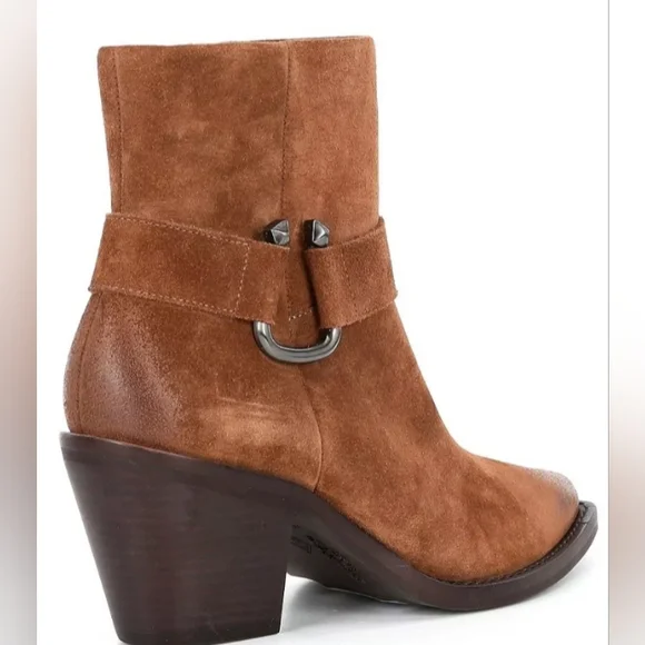 NEW Antonio Melani Tabbie Oiled Suede Mid Heeled Western Buckle Bootie Pecan Pie
